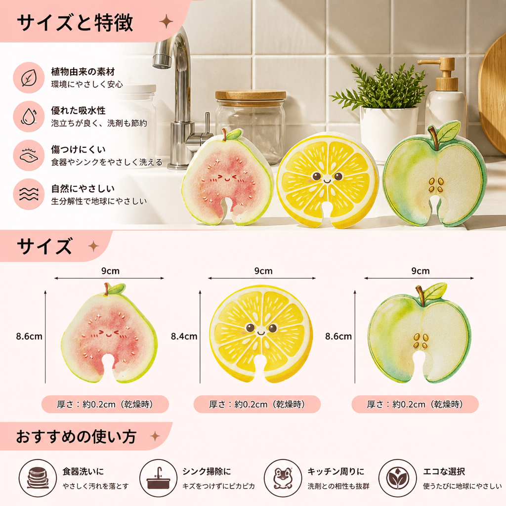 フルーツ型の膨らむセルローススポンジ – 植物由来・傷つけにくいキッチンスポンジ 3個セット