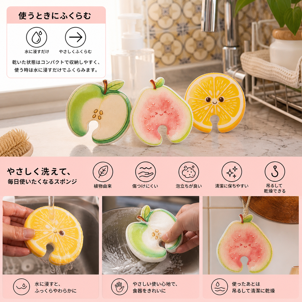 フルーツ型の膨らむセルローススポンジ – 植物由来・傷つけにくいキッチンスポンジ 3個セット