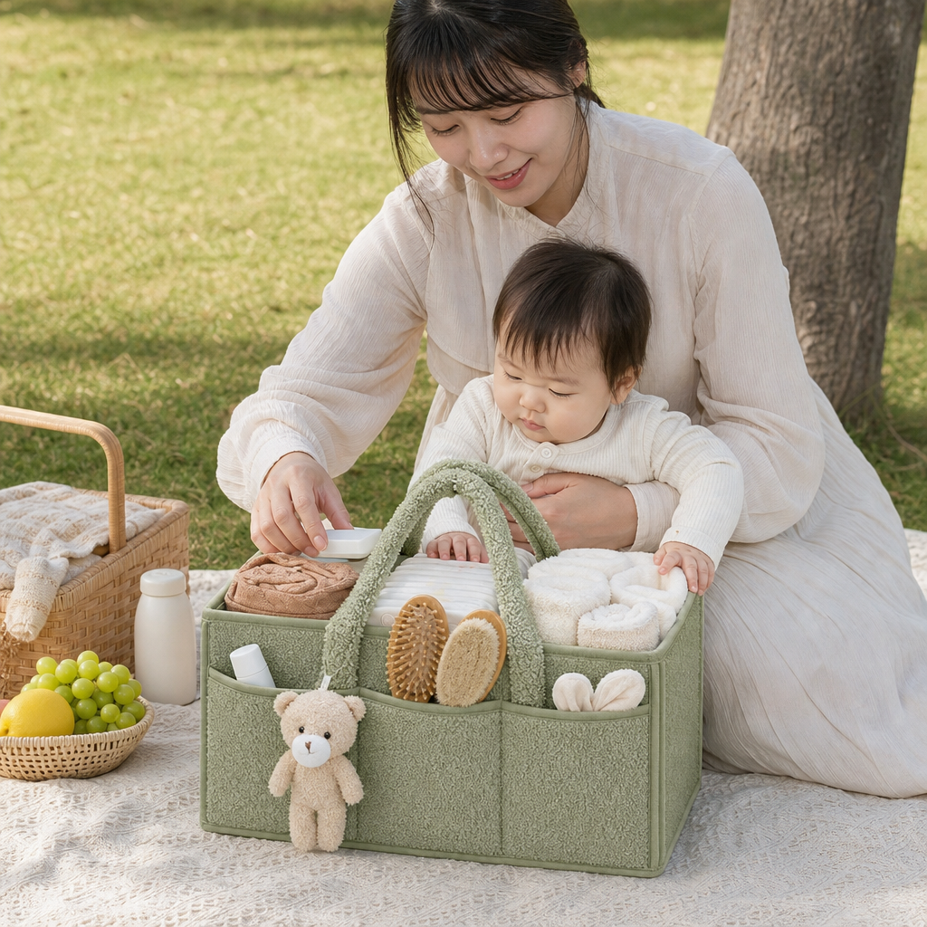 ふわふわシェルパ素材のおむつ収納バスケット – ベビールーム＆おむつ替え台用オーガナイザー