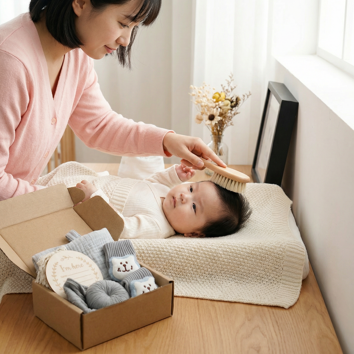 ベビーケアギフトボックス – タオル、ソックスまたはヘッドバンド＆新生児用バスブラシ