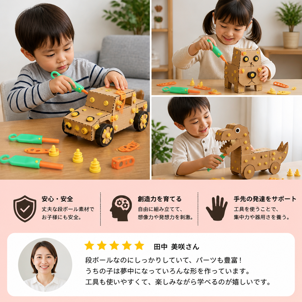 子ども向け安全な100ピースSTEM段ボール製組み立てキット（工具セット付き）