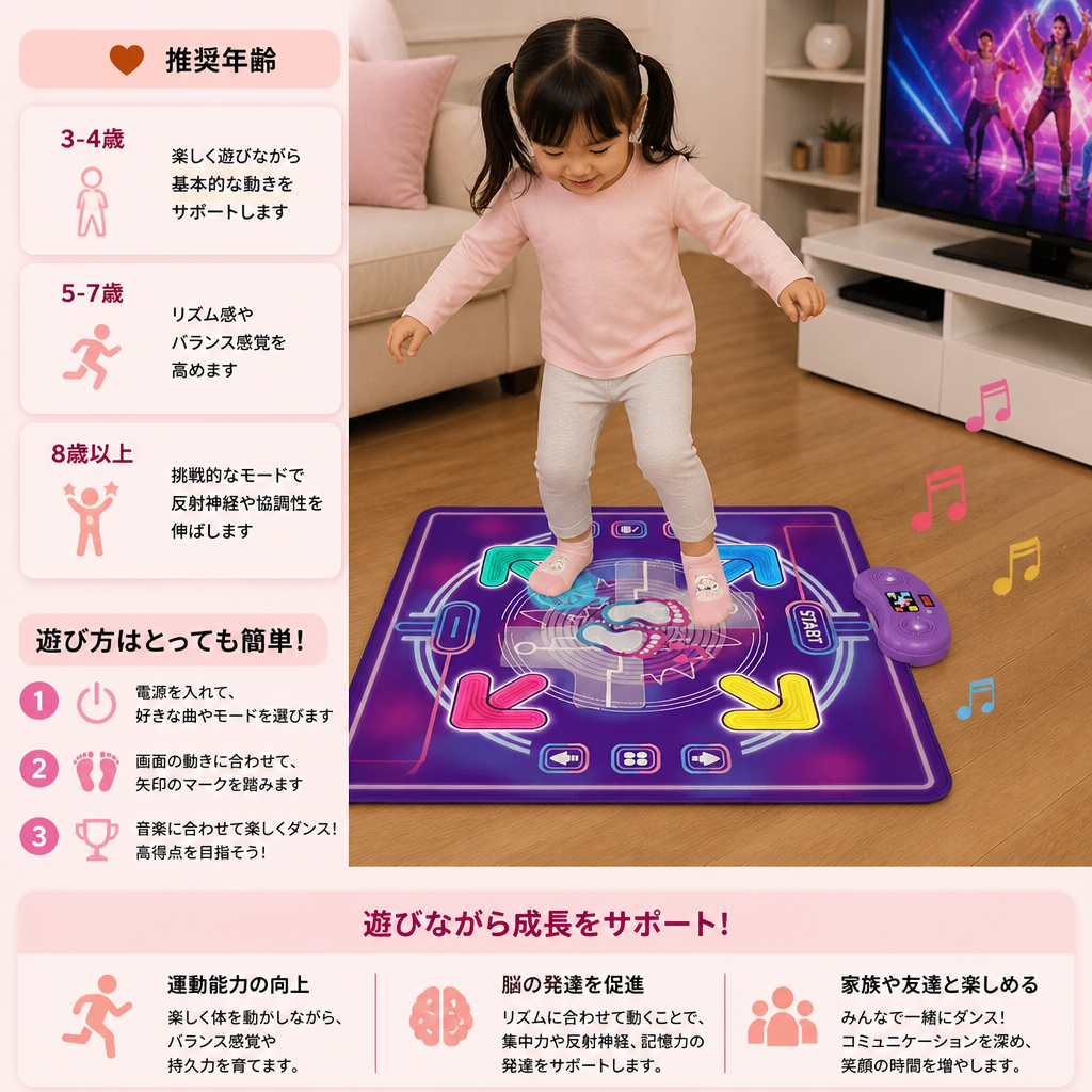 子ども向けLEDライト付きインタラクティブ音楽ダンスマット