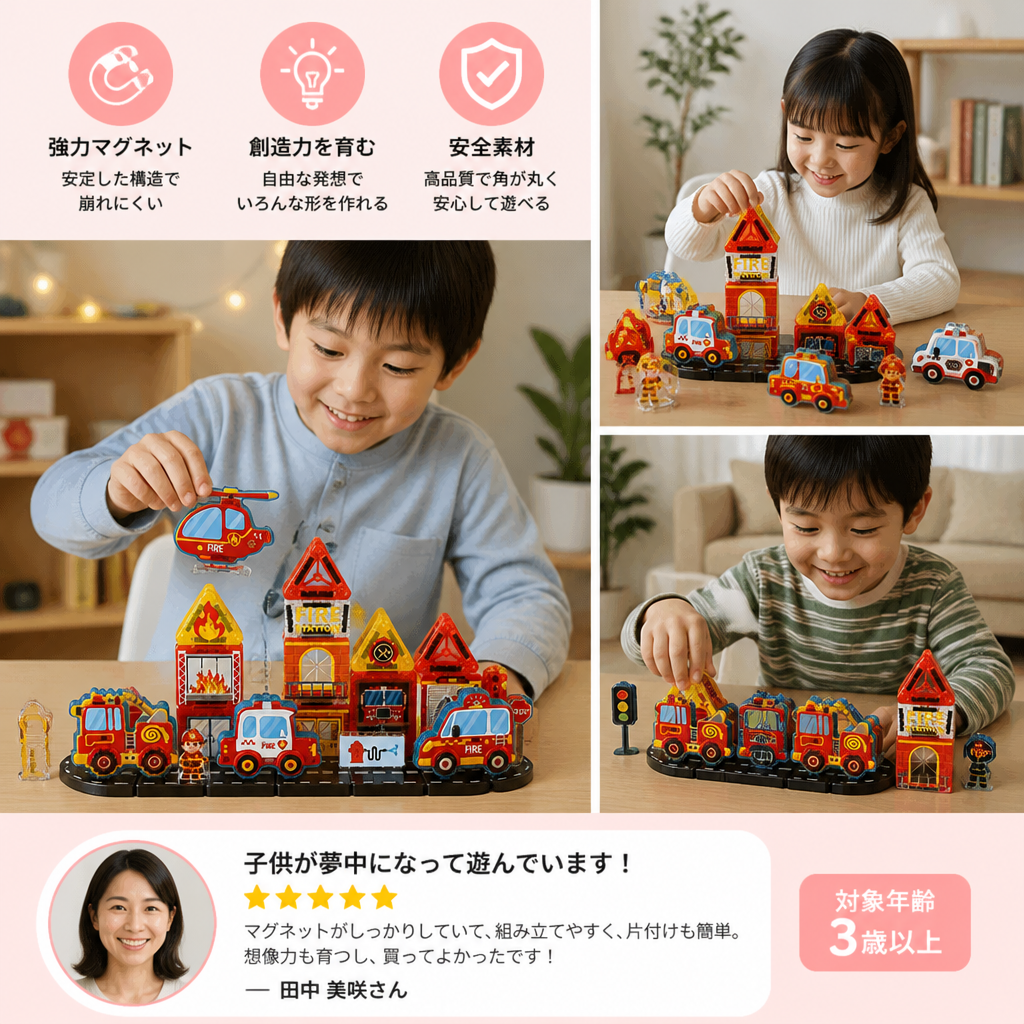 建設車両・消防車・パトカー付き40ピースマグネット式トラベル組み立てセット