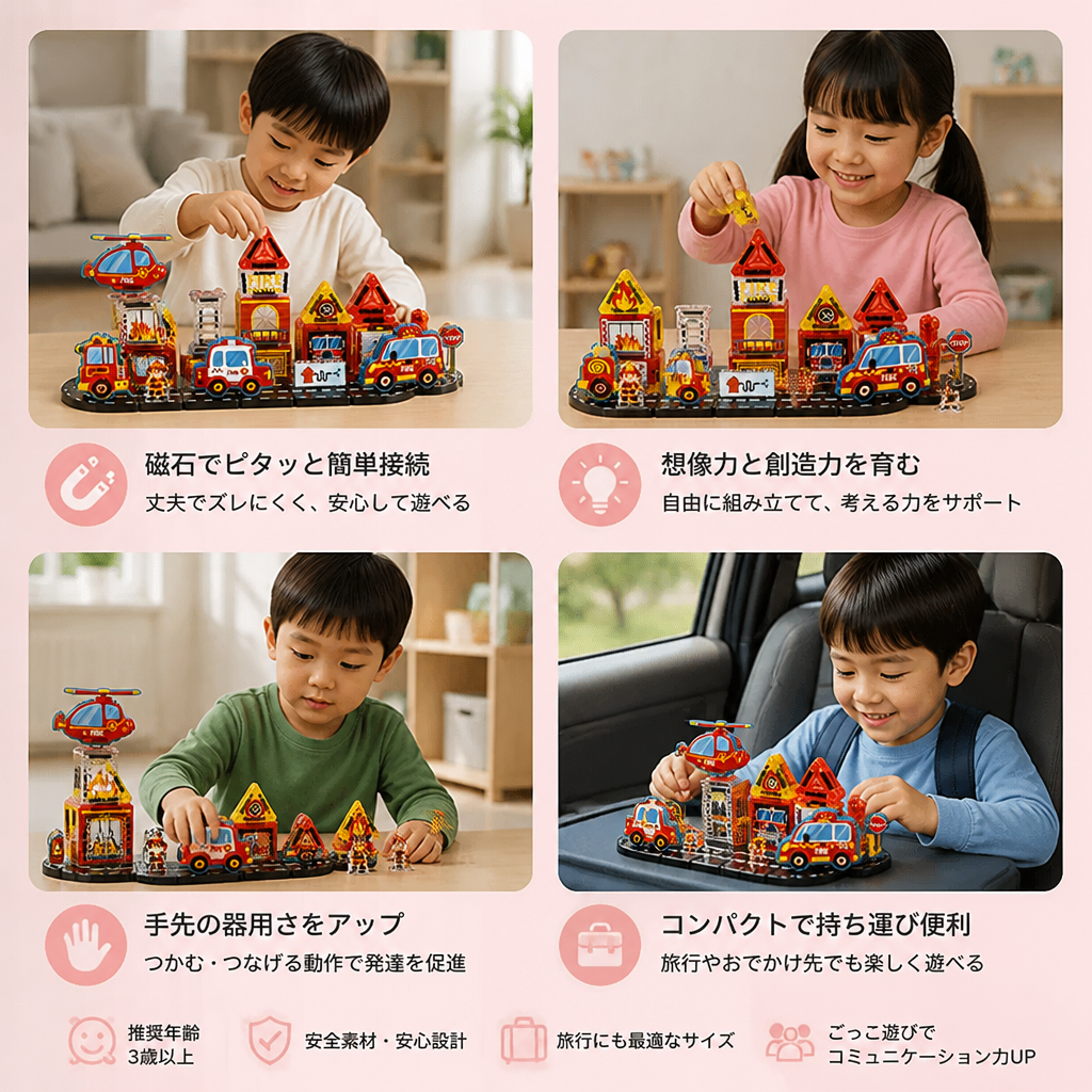 建設車両・消防車・パトカー付き40ピースマグネット式トラベル組み立てセット