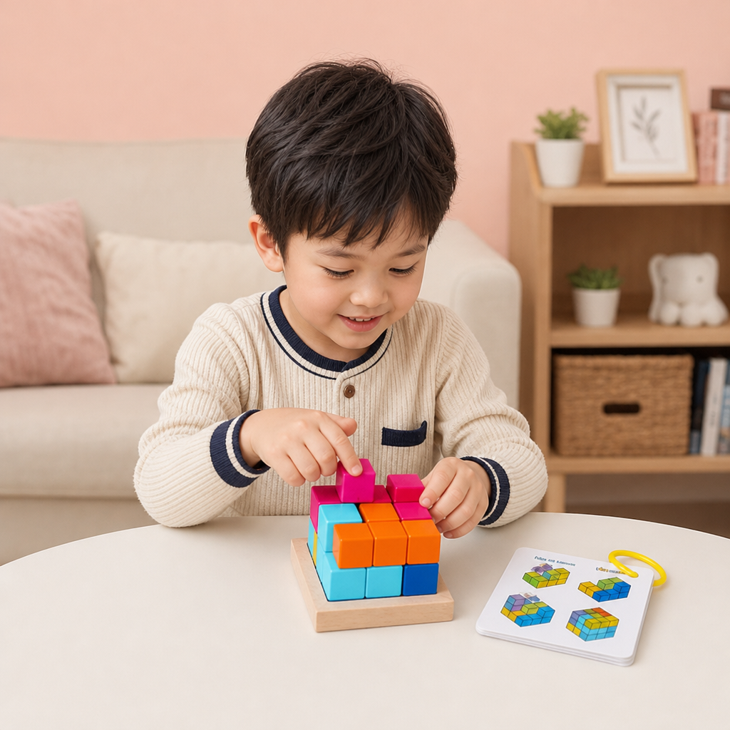 モンテッソーリ式3D木製パズルブロック – カラフルな幾何学とSTEM知育脳トレゲーム