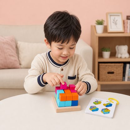 モンテッソーリ式3D木製パズルブロック – カラフルな幾何学とSTEM知育脳トレゲーム