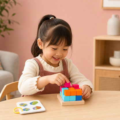 モンテッソーリ式3D木製パズルブロック – カラフルな幾何学とSTEM知育脳トレゲーム