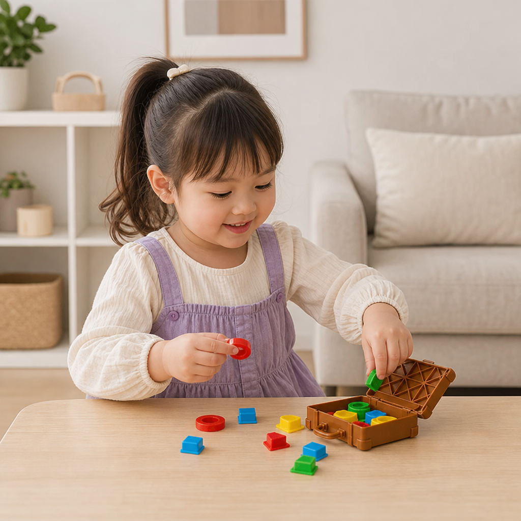モンテッソーリ式 色と形の仕分けスーツケース – 家族で楽しむお片付けスキルゲーム