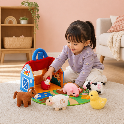 農場の動物ぬいぐるみセット – 持ち運びできるおうち付きのインタラクティブ知育玩具