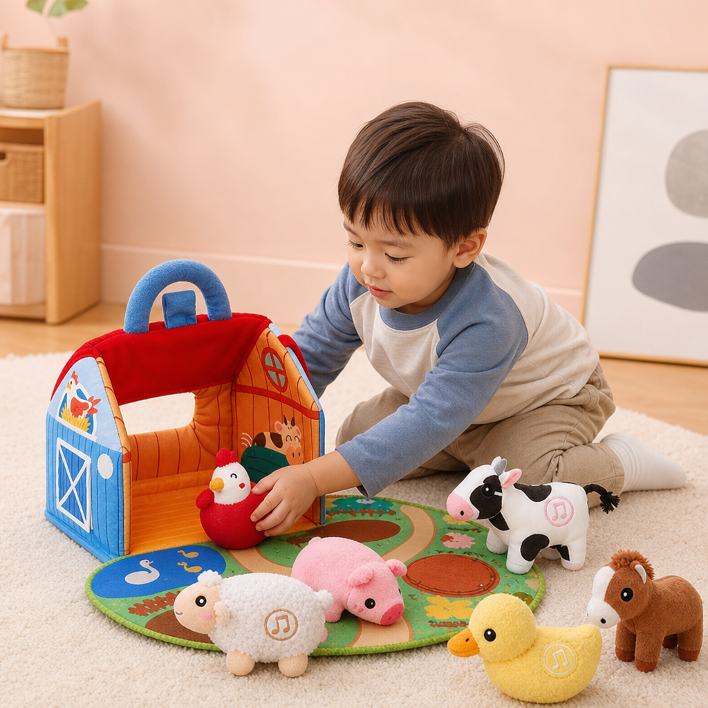 農場の動物ぬいぐるみセット – 持ち運びできるおうち付きのインタラクティブ知育玩具