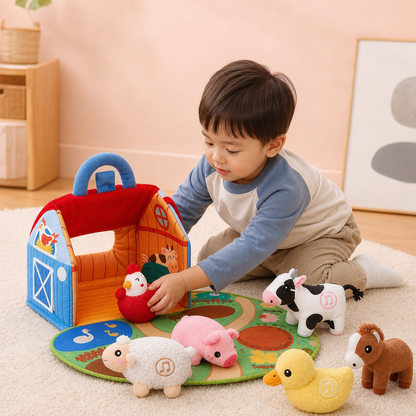 農場の動物ぬいぐるみセット – 持ち運びできるおうち付きのインタラクティブ知育玩具