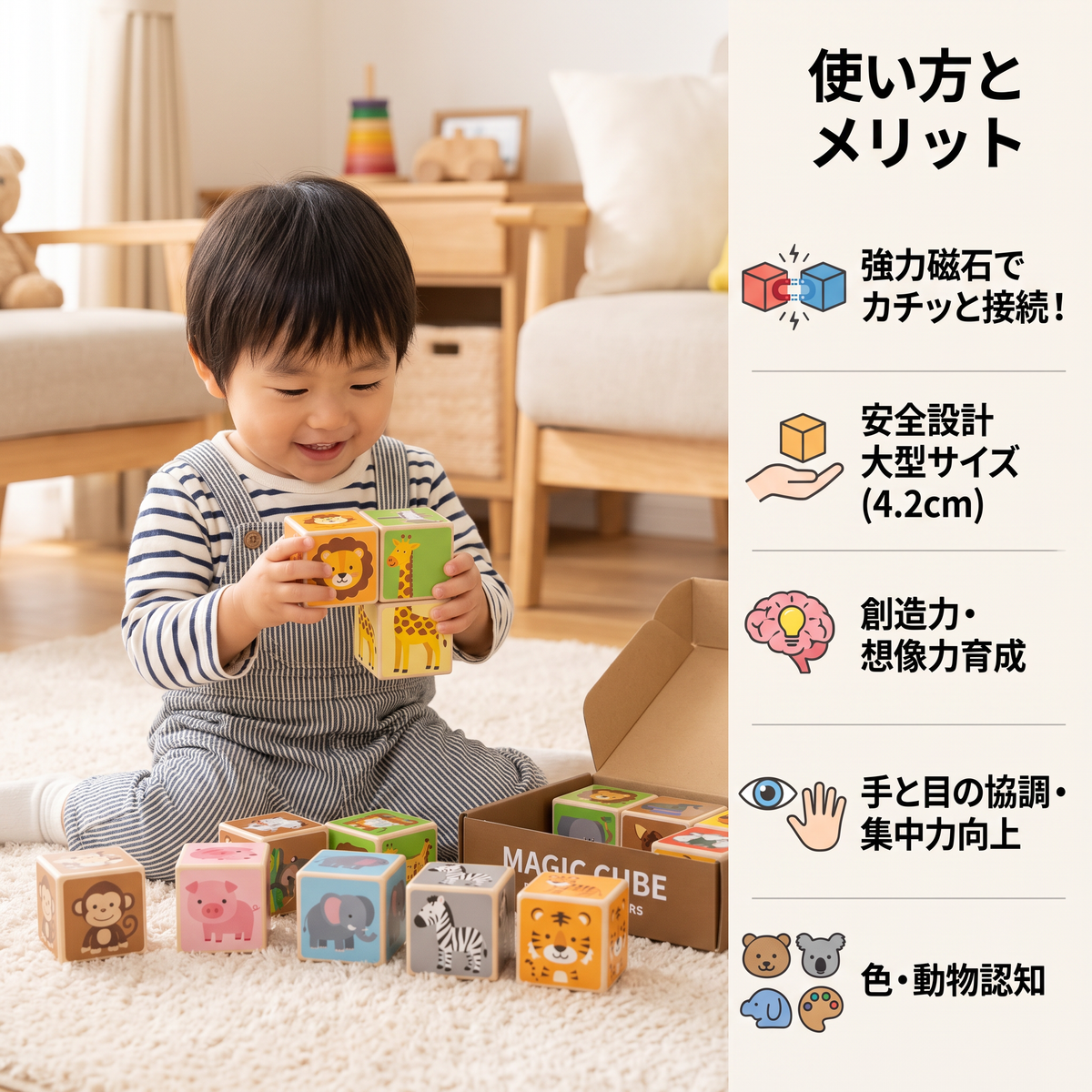 幼児向け安全設計 4.2cm サファリ動物マグネットブロック – STEM学習ブロック