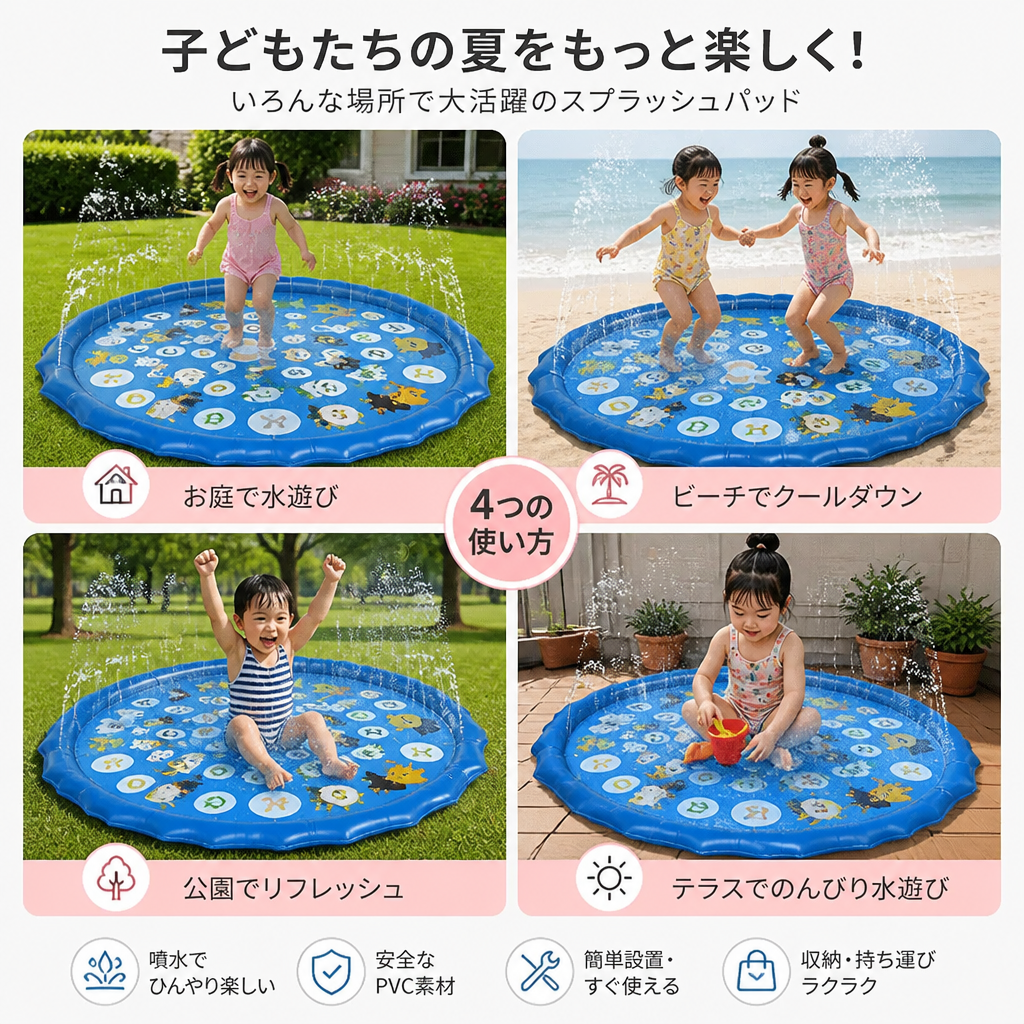 インフレータブルキッズスプラッシュパッド with スプリンクラー – ガーデン＆ビーチ用屋外ウォータープレイマット