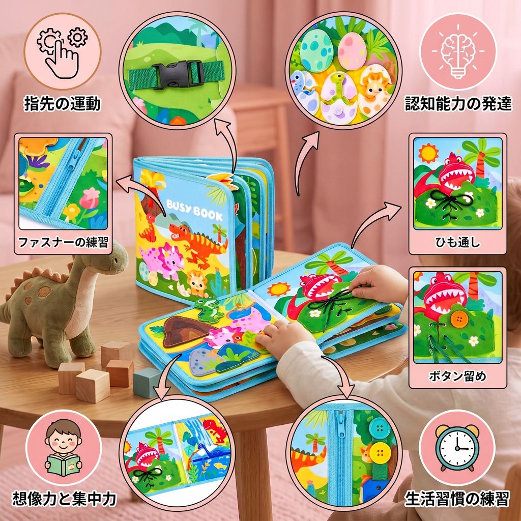 幼児向け8in1モンテッソーリ恐竜ビジーボード・アクティビティブック