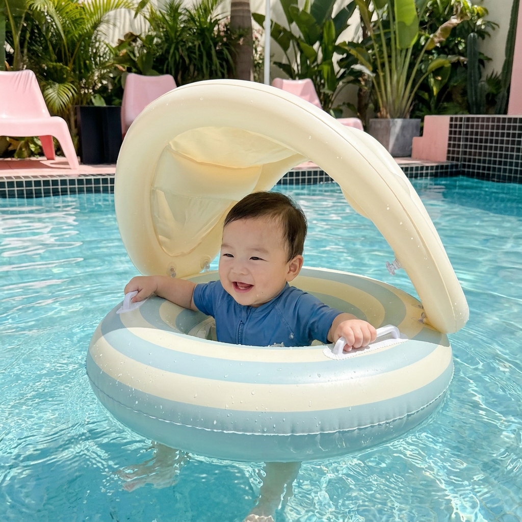 レトロストライプのベビー浮き輪（取り外し可能な日よけ付き）– 6〜36ヶ月の赤ちゃんの安全な座席