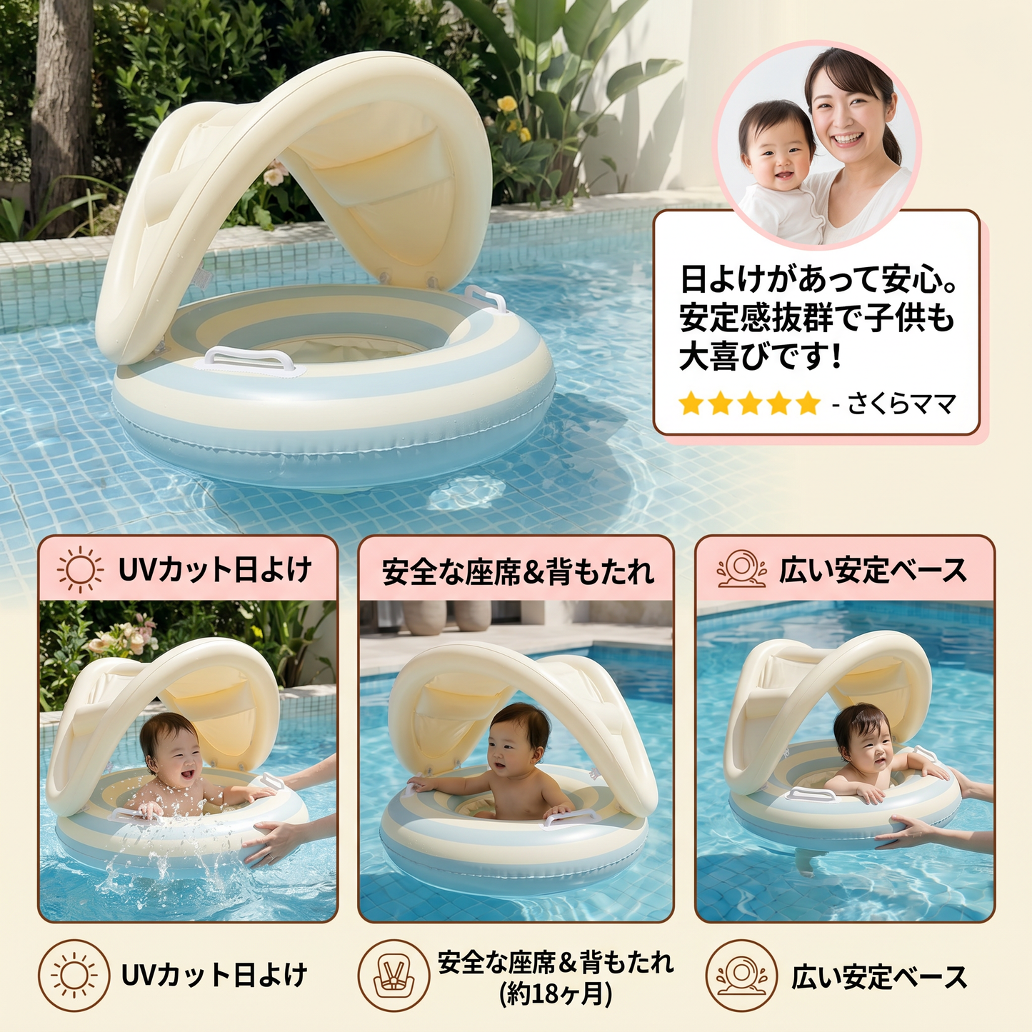 レトロストライプのベビー浮き輪（取り外し可能な日よけ付き）– 6〜36ヶ月の赤ちゃんの安全な座席