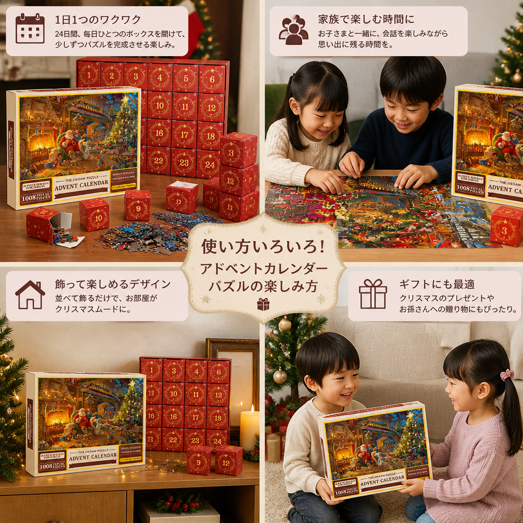 クリスマスジグソーパズルアドベントカレンダー – 1008ピース・24日間カウントダウンパズルセット