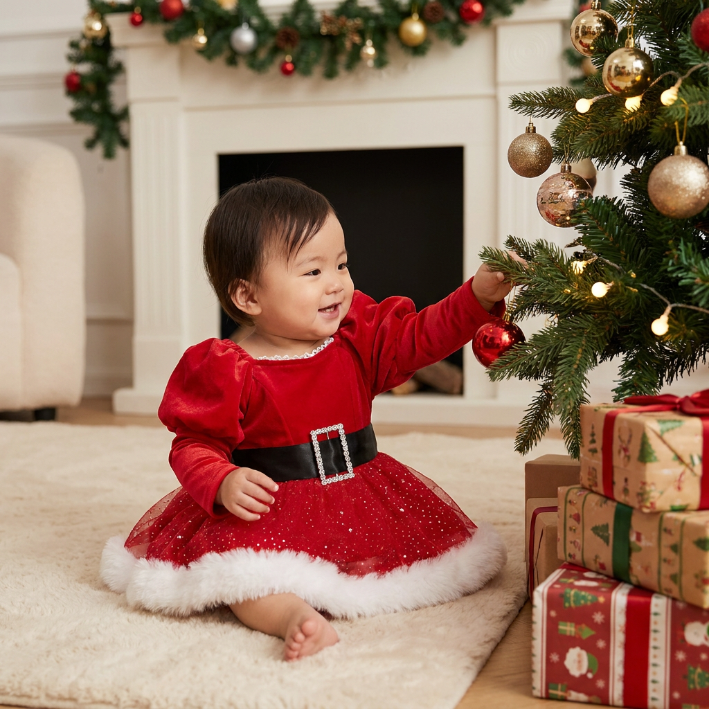 女の子用「初めてのクリスマス」長袖ロンパースワンピース