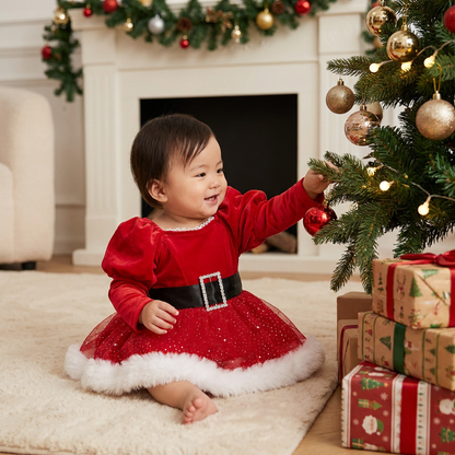 女の子用「初めてのクリスマス」長袖ロンパースワンピース