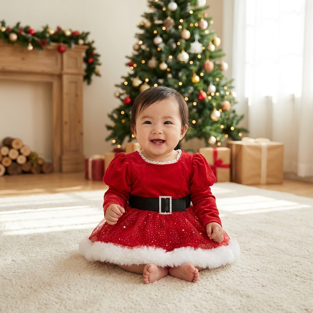 女の子用「初めてのクリスマス」長袖ロンパースワンピース