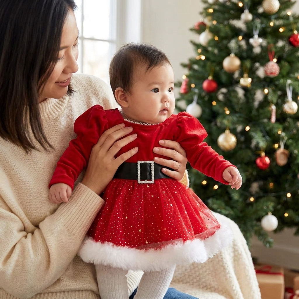 女の子用「初めてのクリスマス」長袖ロンパースワンピース