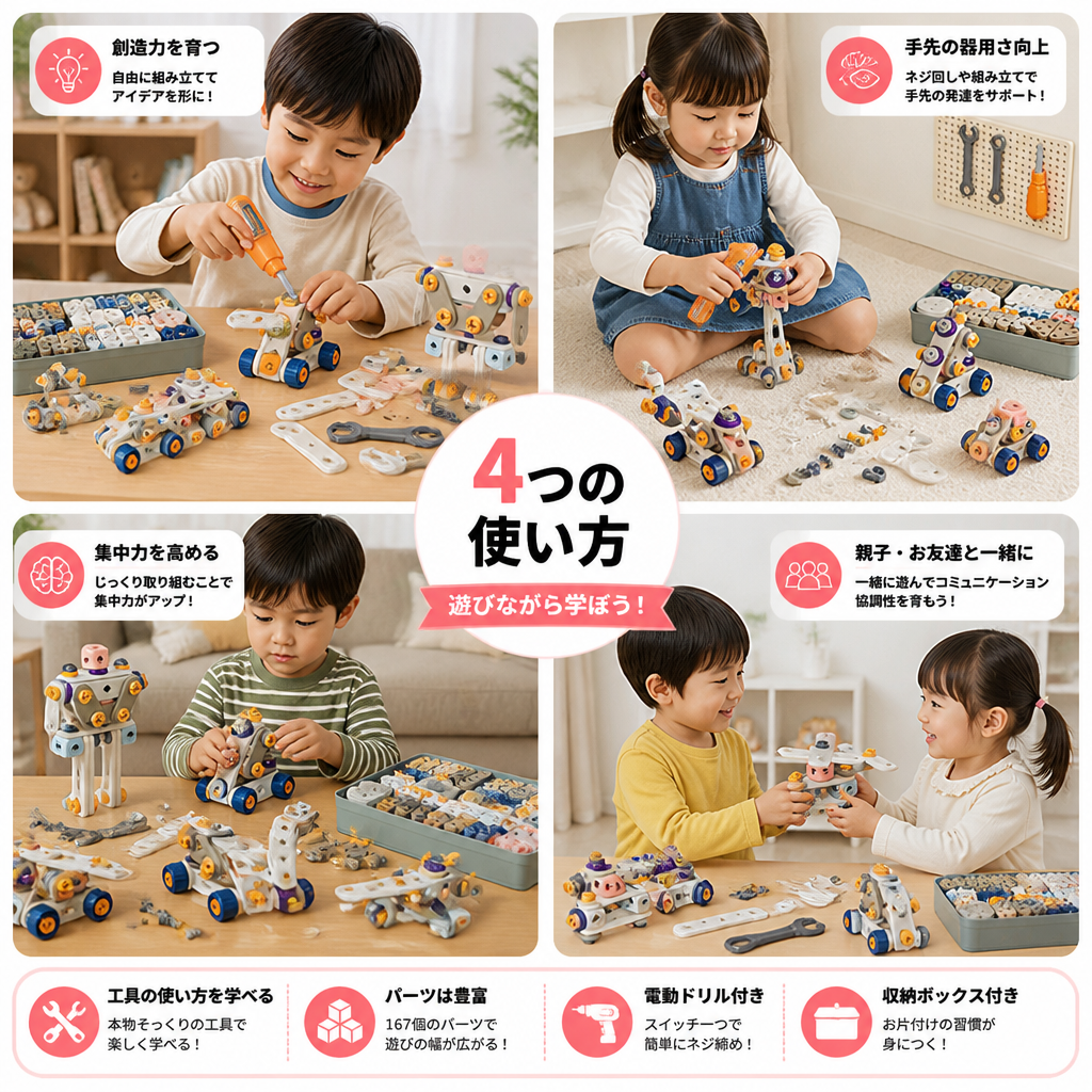 子ども用電動ドリル付きDIY工具セット – STEM組み立て知育玩具