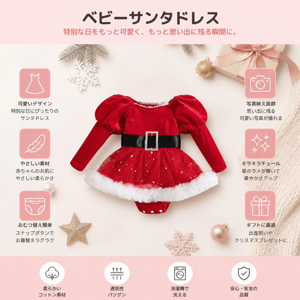 女の子用「初めてのクリスマス」長袖ロンパースワンピース