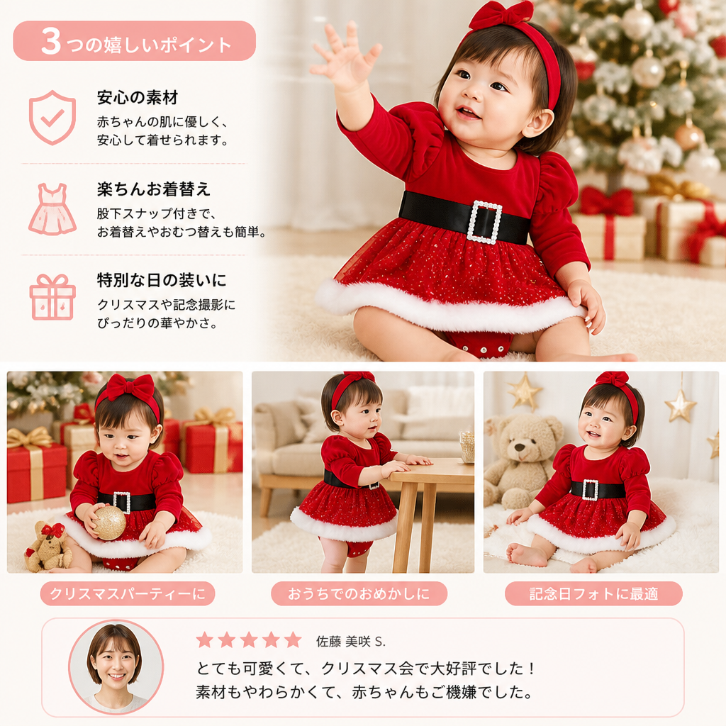 女の子用「初めてのクリスマス」長袖ロンパースワンピース