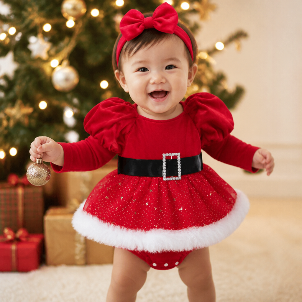 女の子用「初めてのクリスマス」長袖ロンパースワンピース