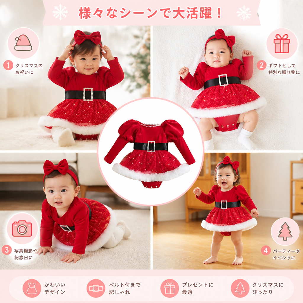 女の子用「初めてのクリスマス」長袖ロンパースワンピース