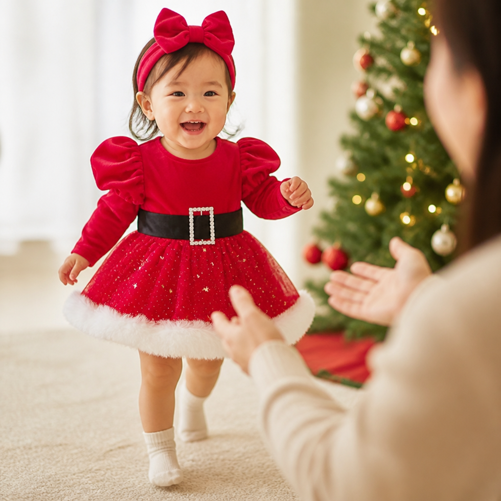 女の子用「初めてのクリスマス」長袖ロンパースワンピース