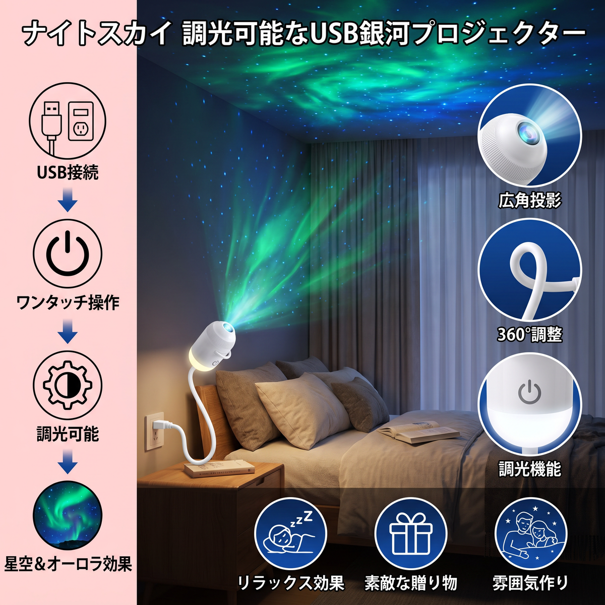 ナイトスカイ 調光可能なUSB銀河プロジェクター（星空＆オーロラ効果付き）