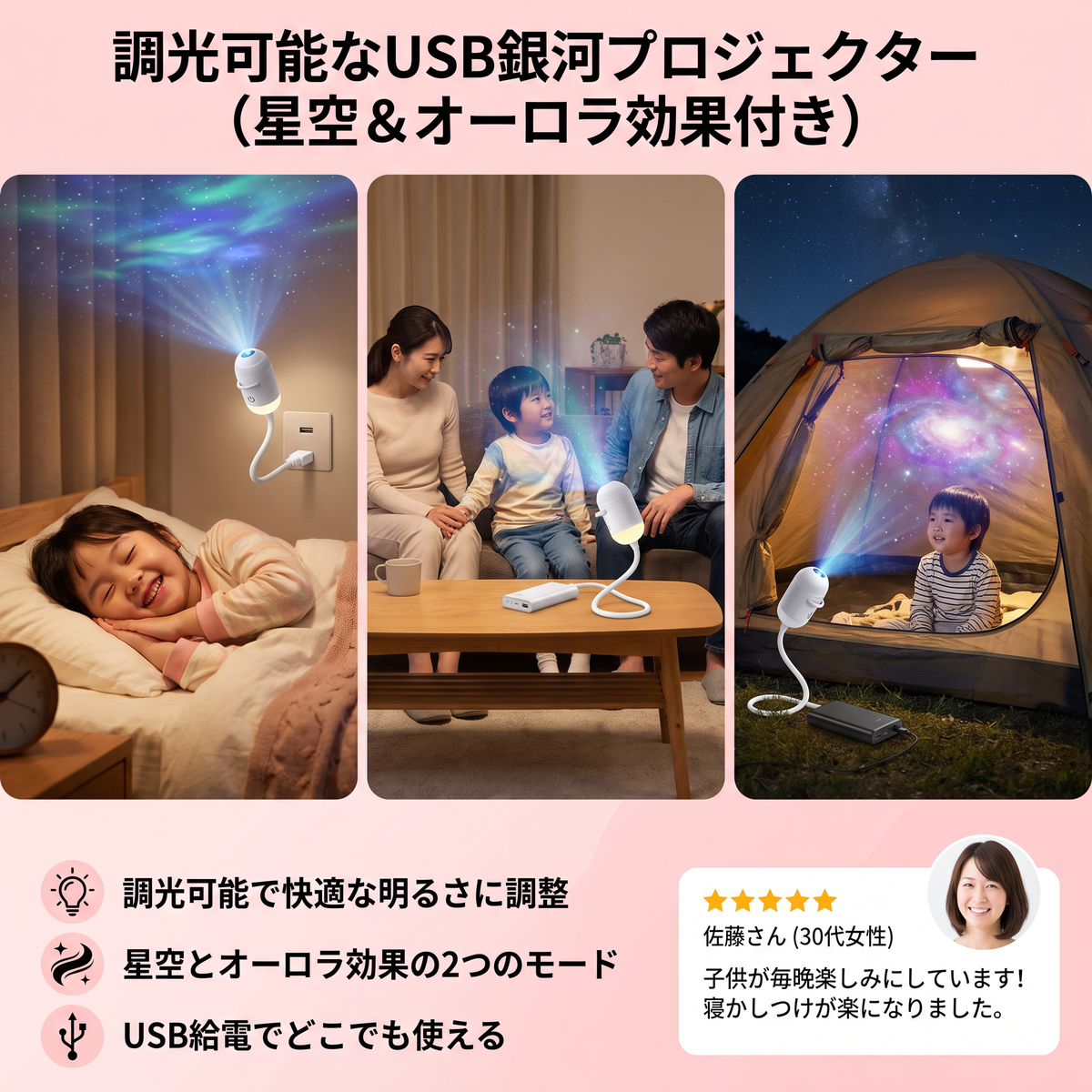 ナイトスカイ 調光可能なUSB銀河プロジェクター（星空＆オーロラ効果付き）