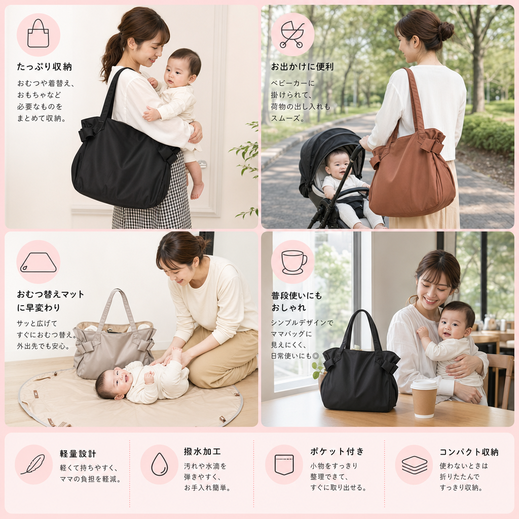 2-in-1 折りたたみ式マザーズバッグ＆おむつ替えマット – 軽量で大容量のママ向けトラベルバッグ