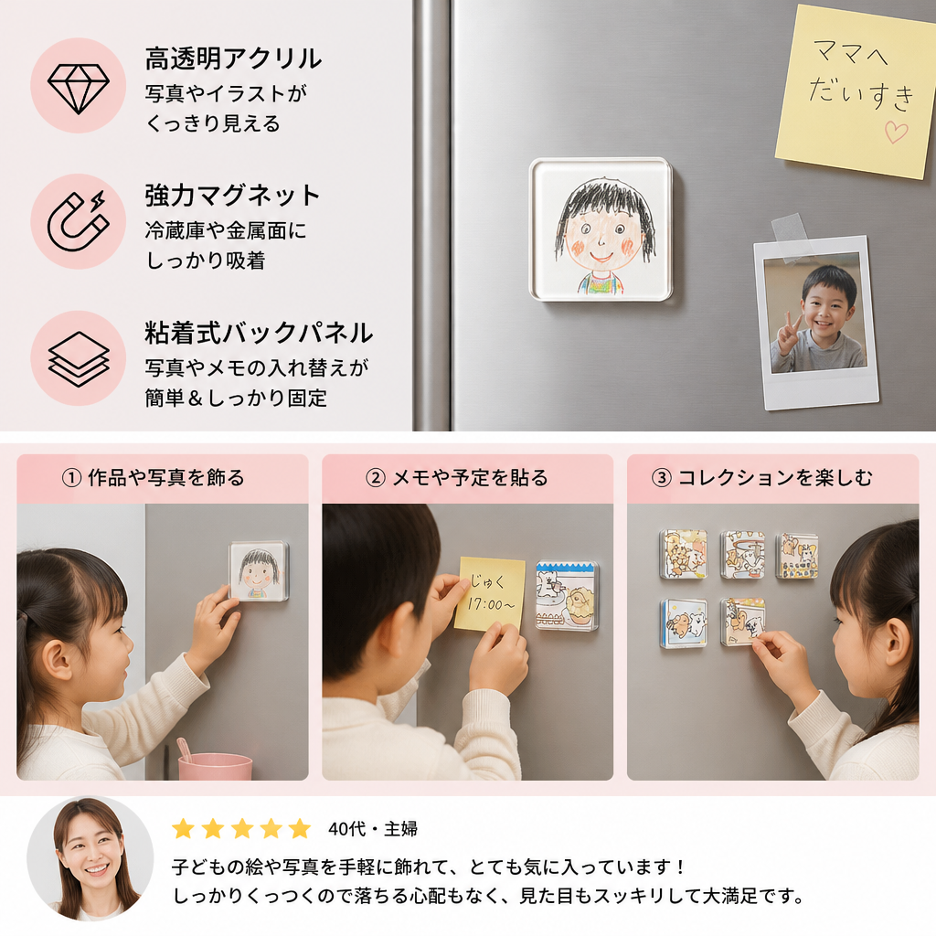 粘着式バックパネル付き透明アクリル製マグネットフォトフレーム