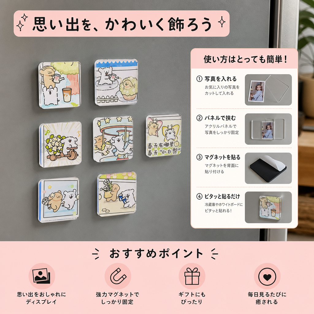 粘着式バックパネル付き透明アクリル製マグネットフォトフレーム