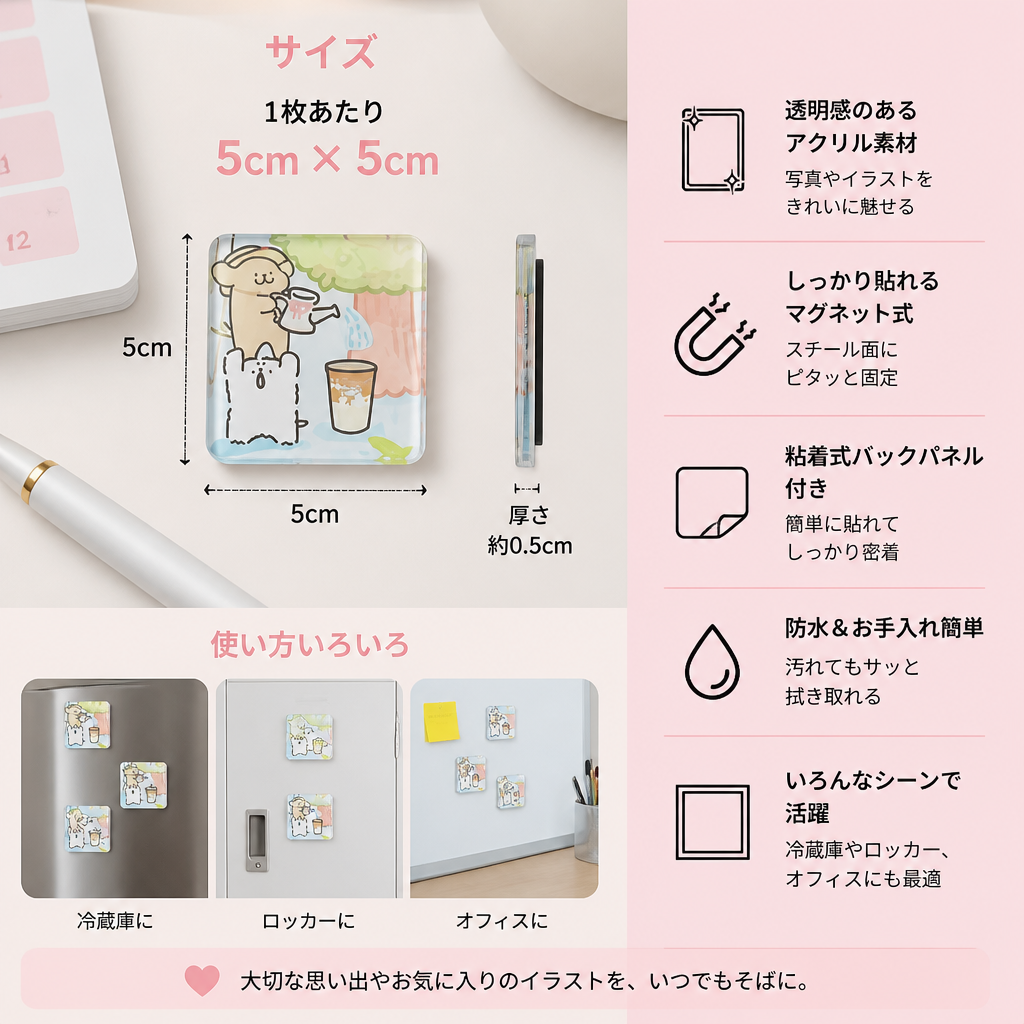 粘着式バックパネル付き透明アクリル製マグネットフォトフレーム