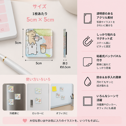 粘着式バックパネル付き透明アクリル製マグネットフォトフレーム