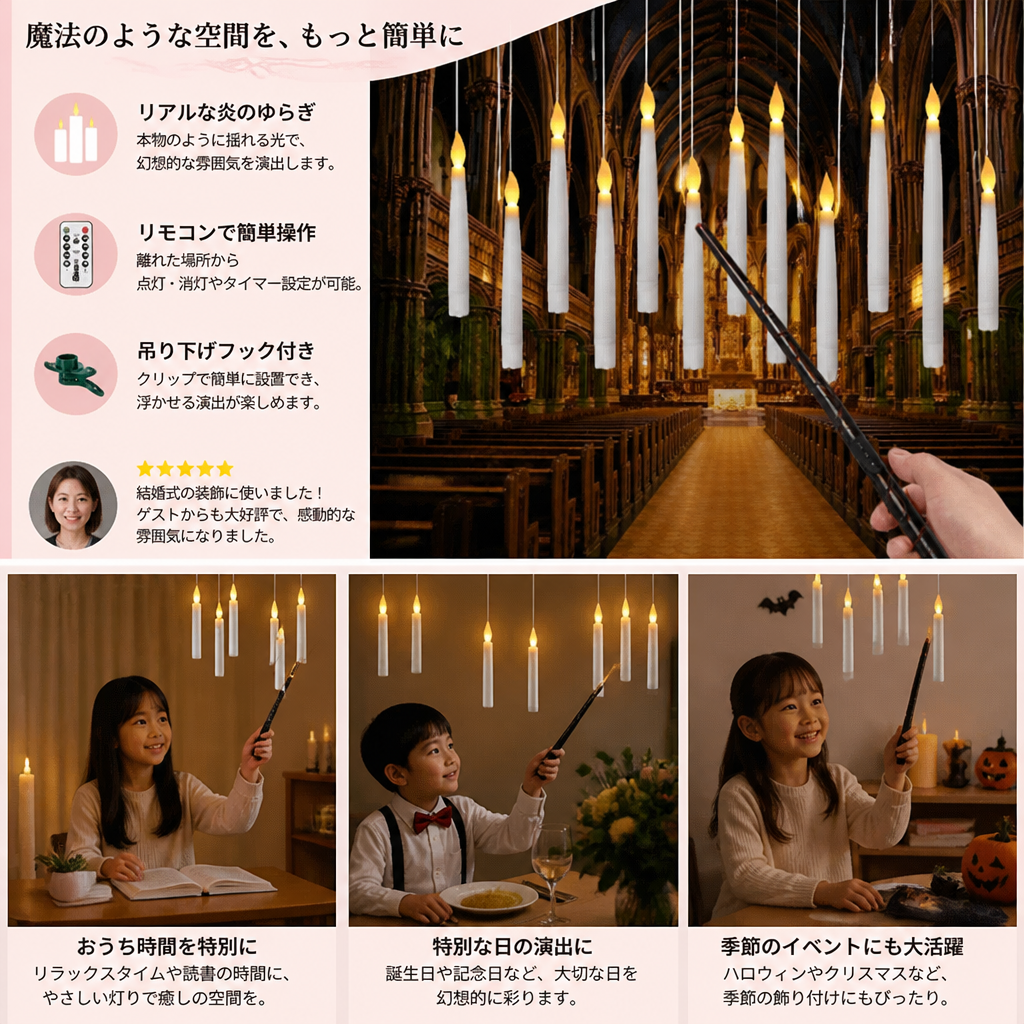 魔法の杖で操作できる吊り下げフック付き浮遊LEDキャンドル
