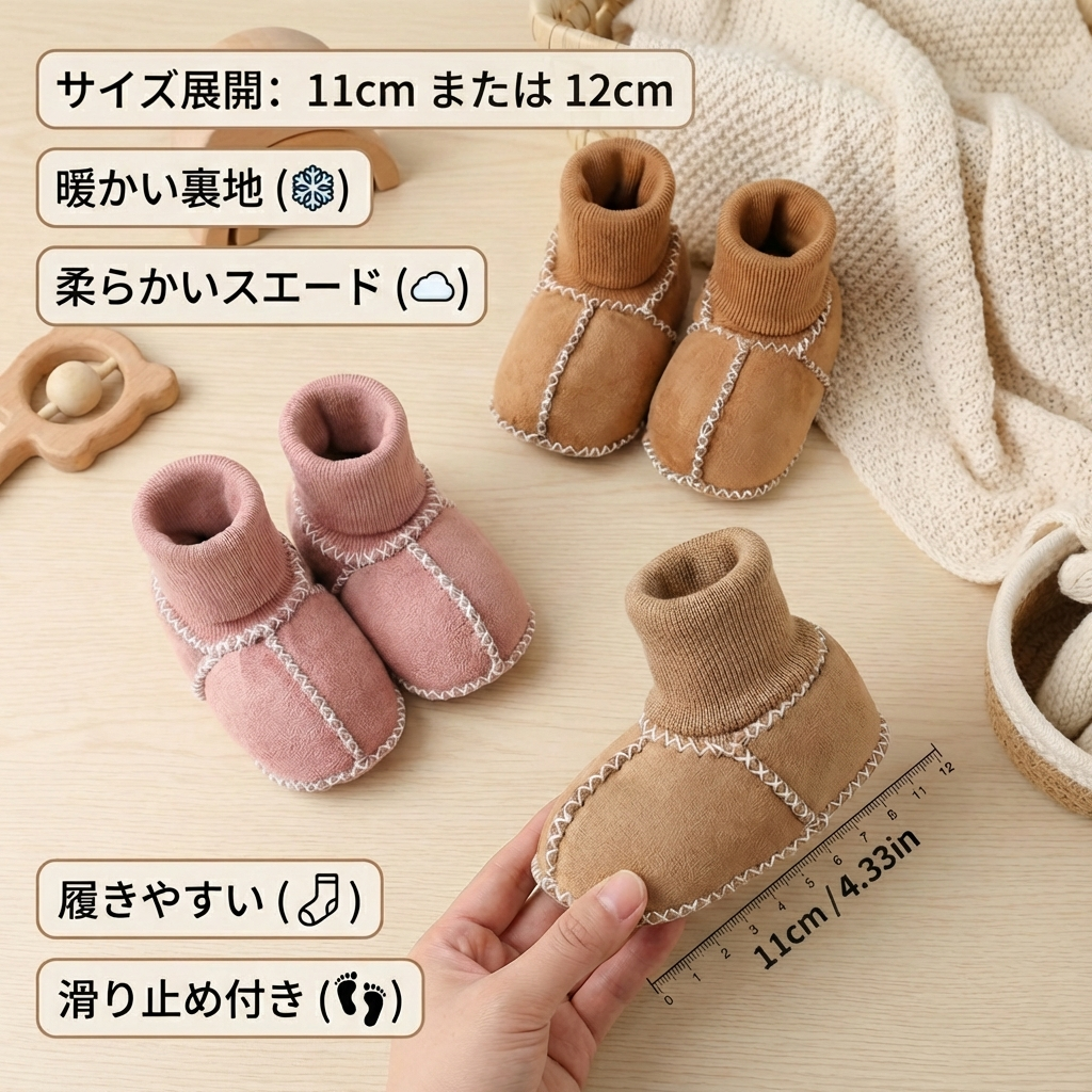 裏地付きベビー冬用ソックスシューズ スエード風