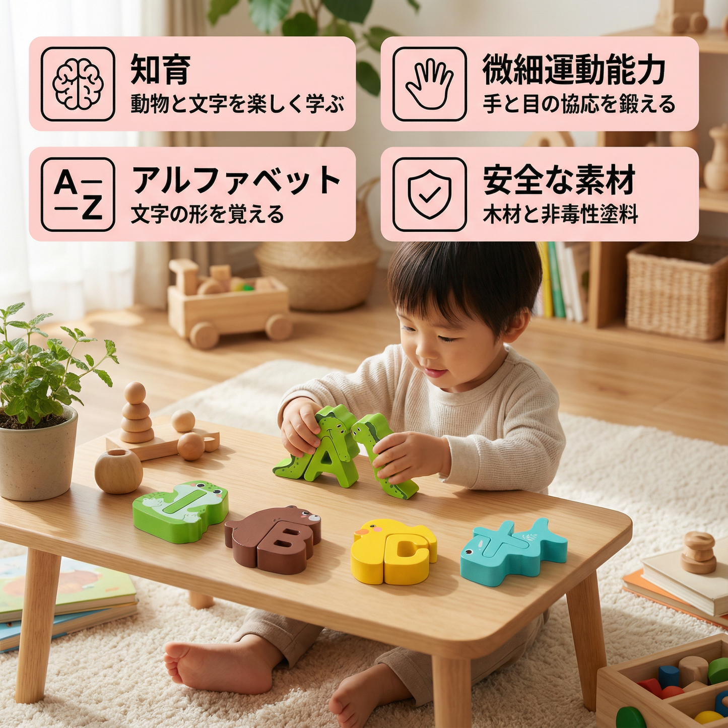 木製動物アルファベットパズル – A-Z 子ども用学習おもちゃ