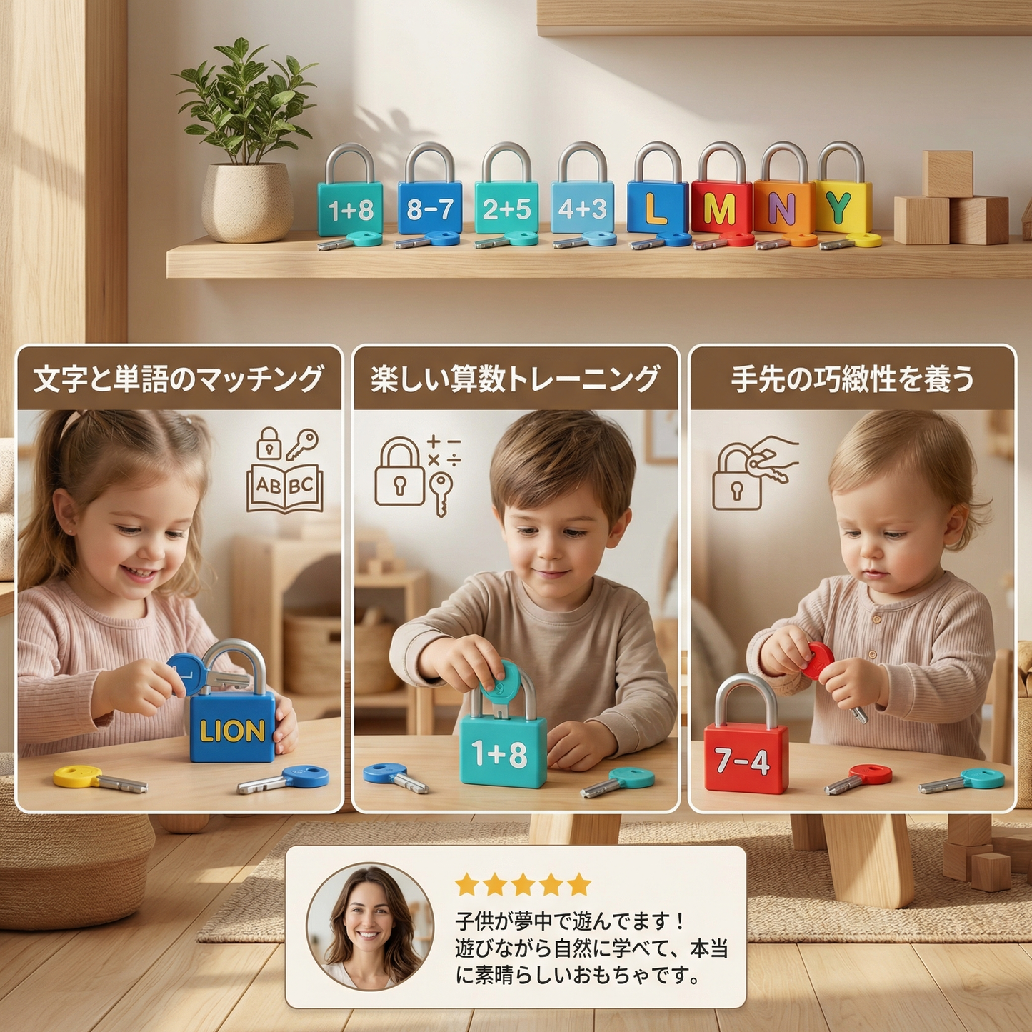 文字と算数、鍵とロックの学習ゲーム