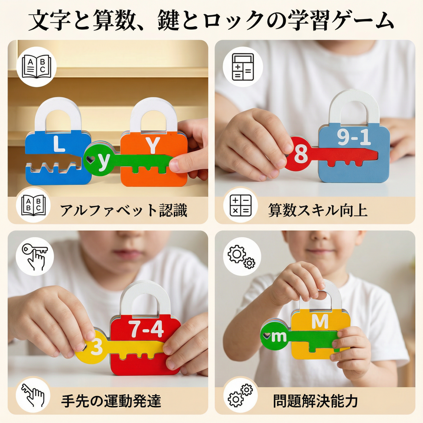 文字と算数、鍵とロックの学習ゲーム