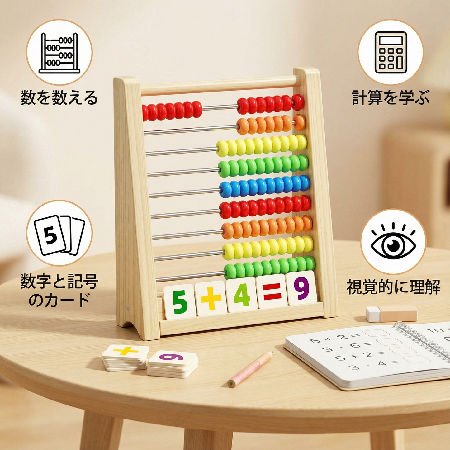 数を数えたり計算を学べる 木製そろばん