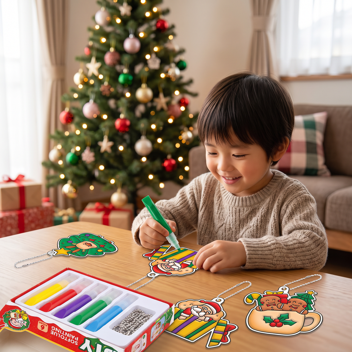 子ども向けDIYクリスマス・ノーグルーお絵描きオーナメントクラフトキット
